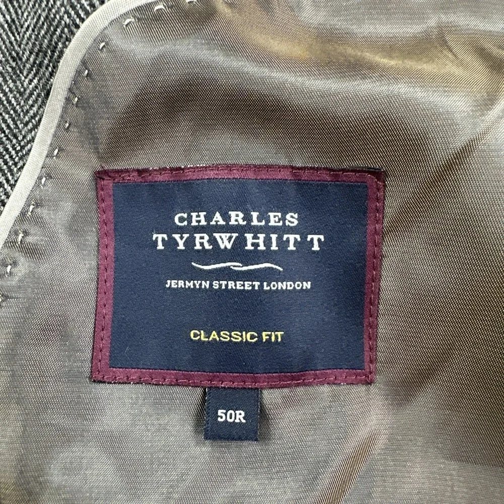 NWT Charles Tyrwhitt Wool Herringbone Blazer Men 50R Grey Classic Fit Jacket